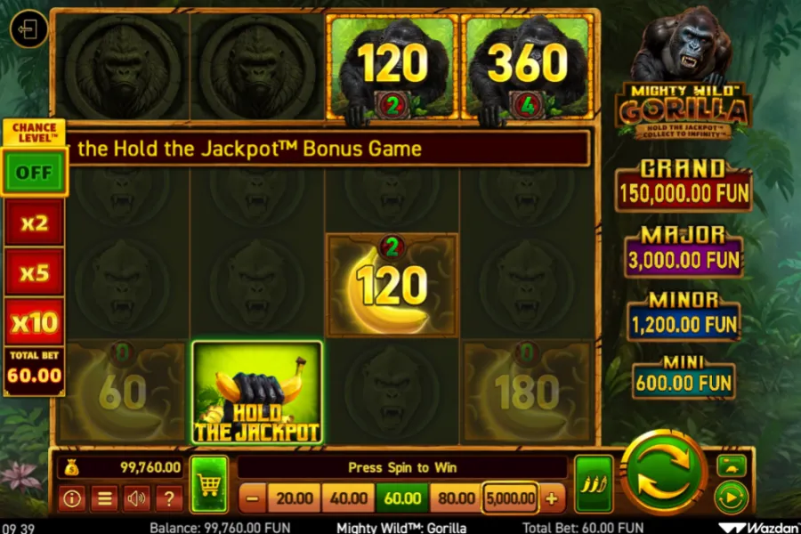 Captura de pantalla del slot Mighty Wild Gorilla con ambientación selvática y funciones de bonificación