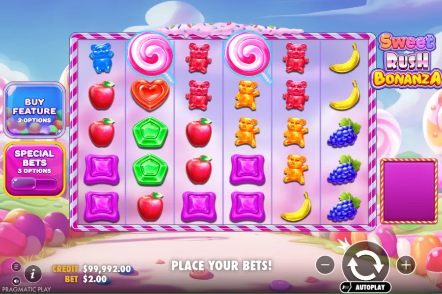 Pantalla de Sweet Rush Bonanza con estética de caramelos y símbolos coloridos