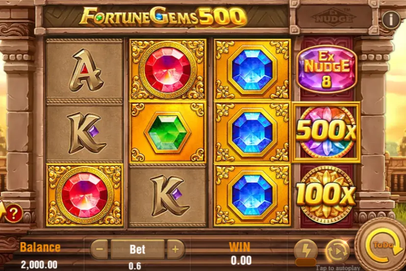 Captura del juego Fortune Gems 500 con gemas y multiplicadores en una cuadrícula 3x3