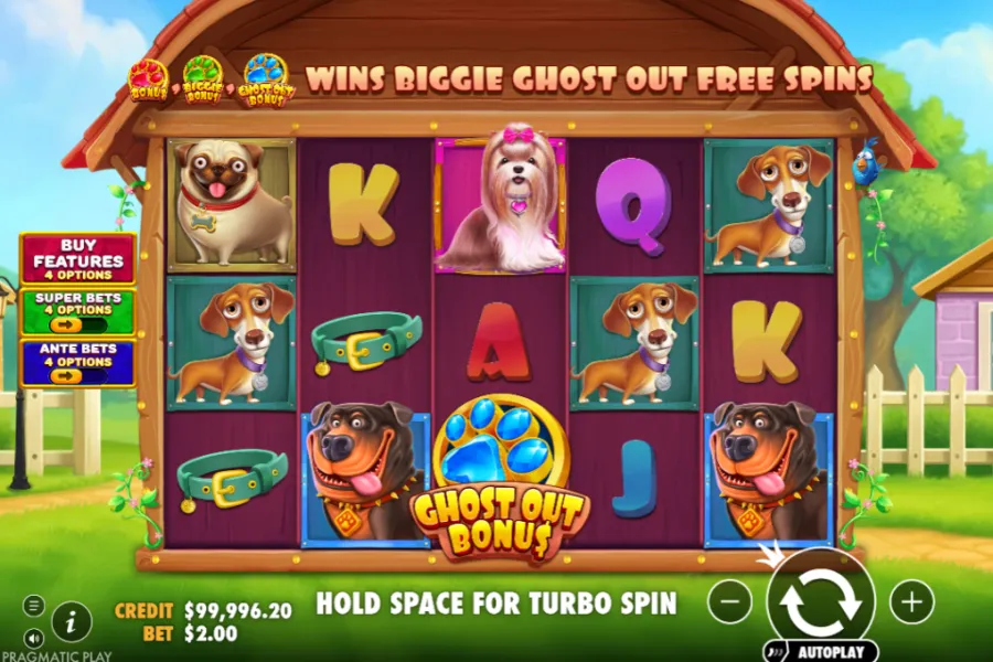 Captura de pantalla de The Big Dog House mostrando parte de sus funciones especiales y la interfaz del juego