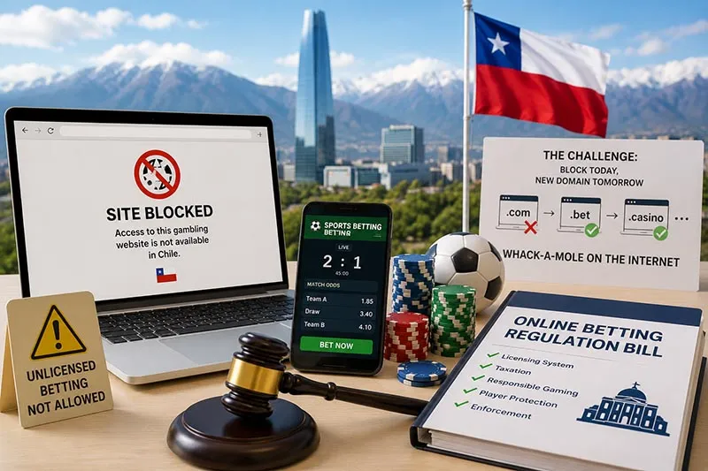 Pantalla digital vinculada al mercado de apuestas online en Chile y al debate sobre bloqueo y regulación