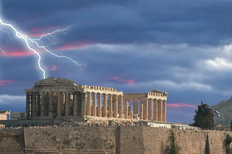 Imagen temática de un templo griego bajo una tormenta, utilizada para ilustrar el lanzamiento de Temple of Thunder III