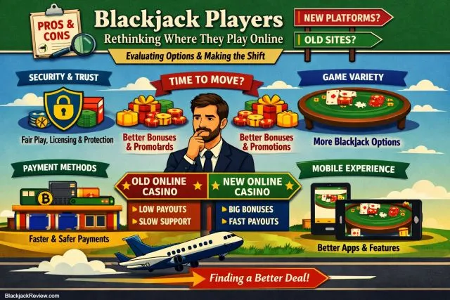Jugador de blackjack analizando opciones de juego online y condiciones de mesa
