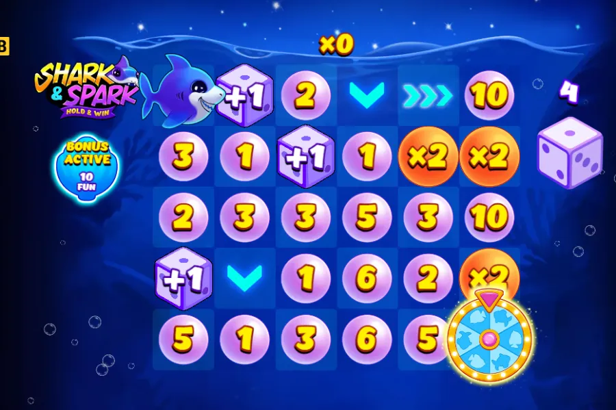 Pantalla del bonus Sharks & Ladders con tablero, multiplicadores y premios en Shark & Spark