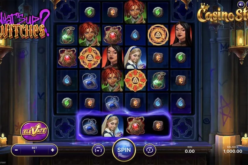 Pantalla principal de la slot What’s Up? Witches de NetEnt con temática escolar y elementos mágicos