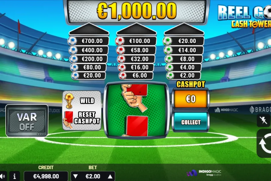 Captura de Reel Goal Cash Towers con mecánica de torres y tema futbolístico