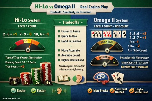 Ilustración comparativa de los sistemas de conteo Hi-Lo y Omega II en una mesa de blackjack