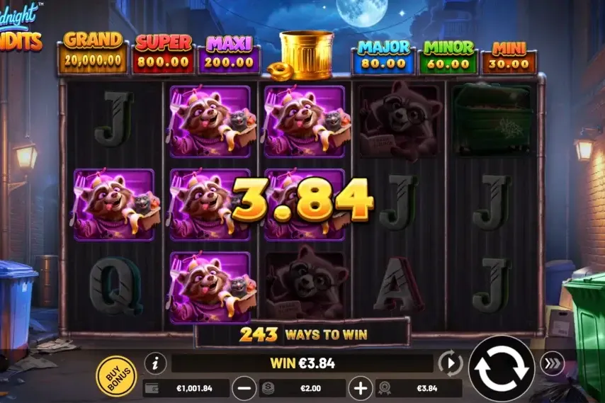 Partida base de Midnight Bandits mostrando cómo se forman combinaciones en 243 ways