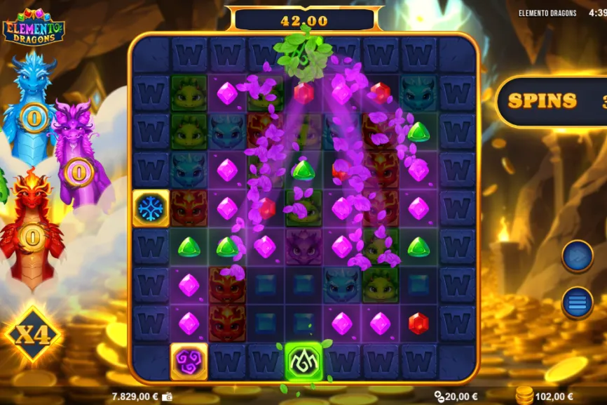 Pantalla de juego de Elemento Dragons con cascadas y funciones especiales activadas