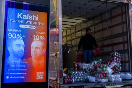 Publicidad digital de Kalshi en Times Square, ejemplo del crecimiento de los mercados de predicción