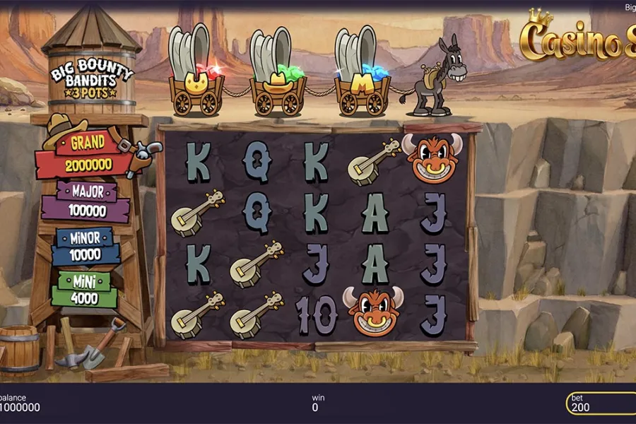 Pantalla principal de Big Bounty Bandits: 3 Pots con ambientación del Oeste y estructura de tres botes bonus