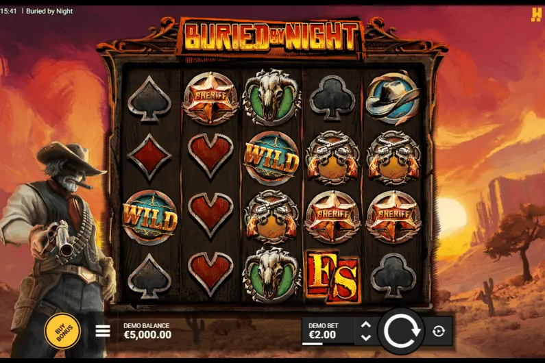 Pantalla principal de la slot Buried by Night de Hacksaw Gaming con su diseño de temática western oscura