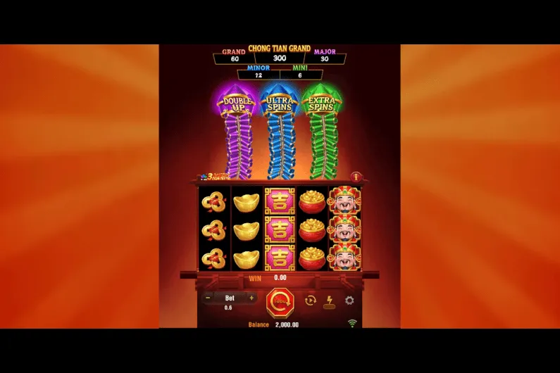 Pantalla principal de la slot 3 Lucky Chong Tian Pao de TaDa Gaming con temática festiva asiática