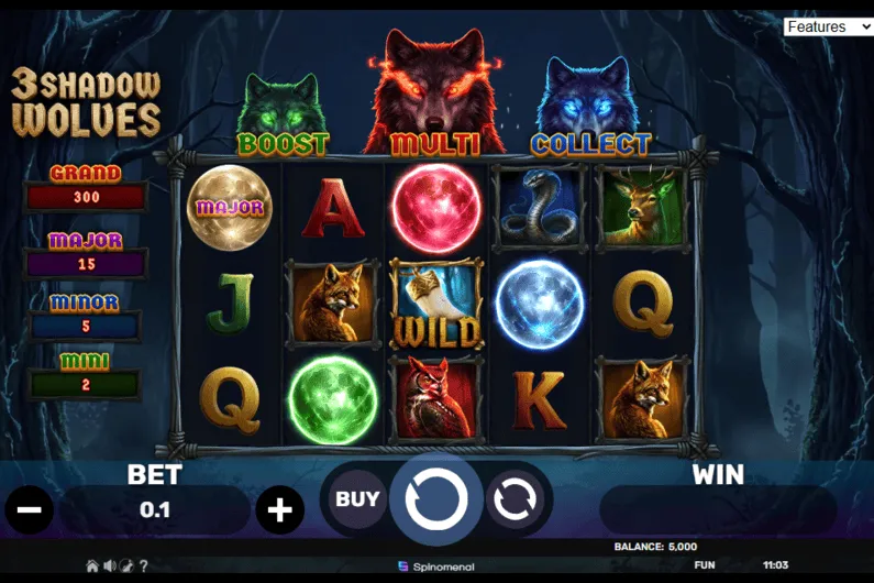 Imagen principal de la tragamonedas 3 Shadow Wolves de Spinomenal con ambientación nocturna y lobos sobre los rodillos